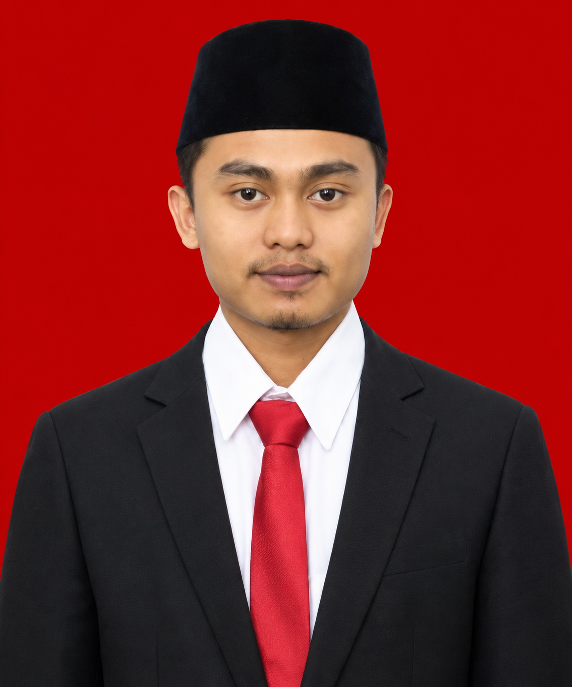 formal portrait on vibrant red background